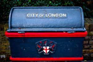 Elegant waste bin with City of London embossed on it and a coat of arms