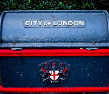 Elegant waste bin with City of London embossed on it and a coat of arms