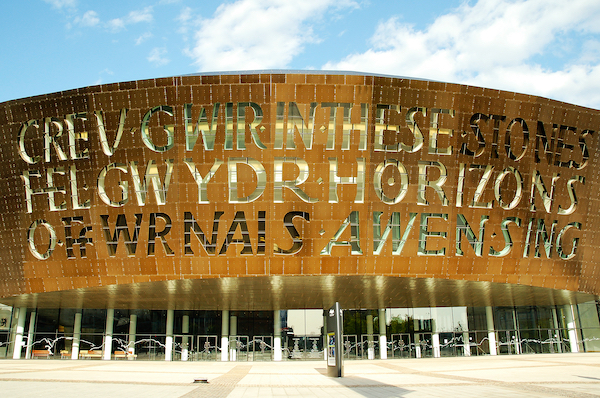 Millennium Centre in Cardiff featuring text in Welsh and English