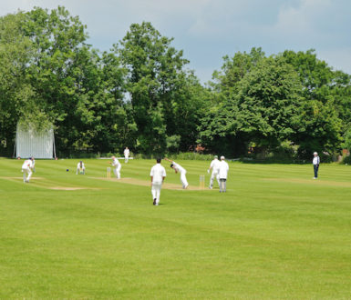 Group of men in white clothes playing cricket in a rural location