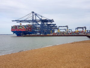 Cargo ship being unloaded in Felixstowe