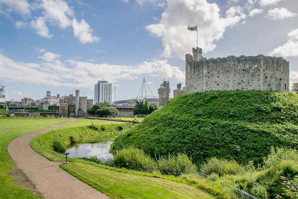 Cardiff Castle with a modern skyline in the background