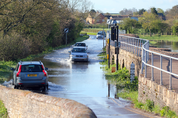 Cars driving on a flooded road