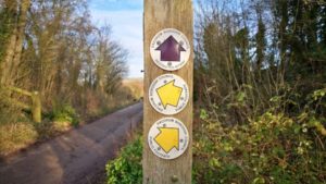 Wooden pole showing yellow arrows for public footpaths