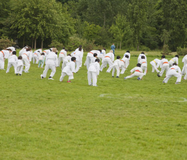 Group of children performing karate in a park