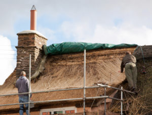 Two men thatching a roof