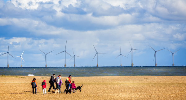 Family on a pebbly beach with dogs. In the background there are wind turbines