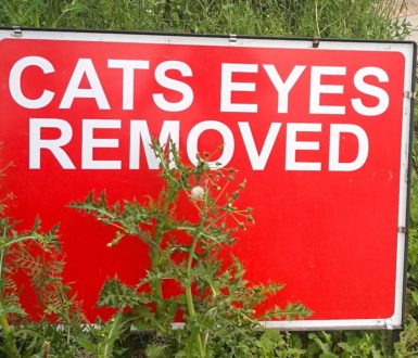 Red sign with the words Cats Eyes Removed