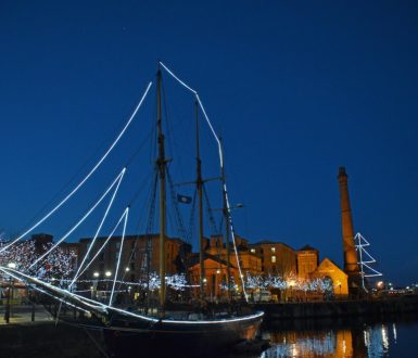 illuminated ship in Liverpool - one of Britains biggest cities